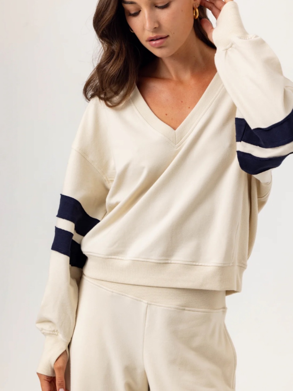 sundays Winslow Cream V-Neck Sweatshirt with Navy Sleeve Stripes